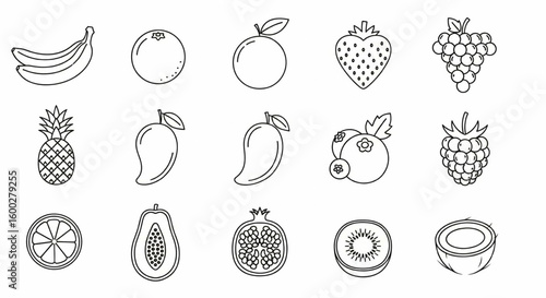 Fruits Line Icon Set – Vector Banana, Orange, Strawberry, Grapes, Pineapple, Mango, Kiwi, Coconut Symbols