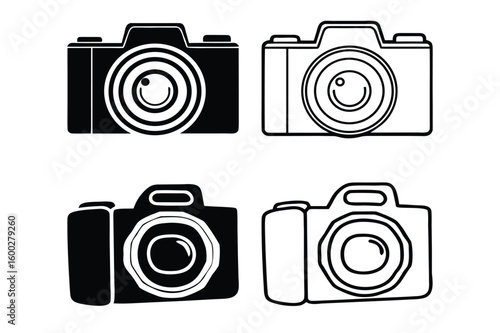 A set of retro camera icons with lenses, symbols of vintage photography technology