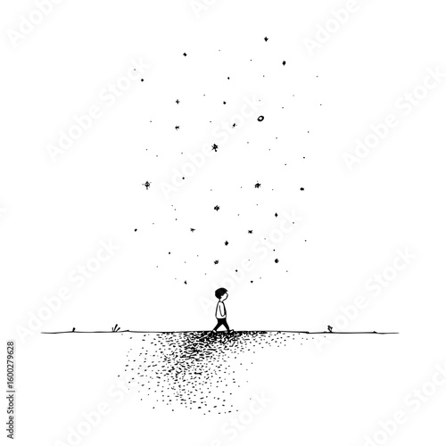 A lone figure walking on a path under a sky full of stars in a minimalist black and white drawing style