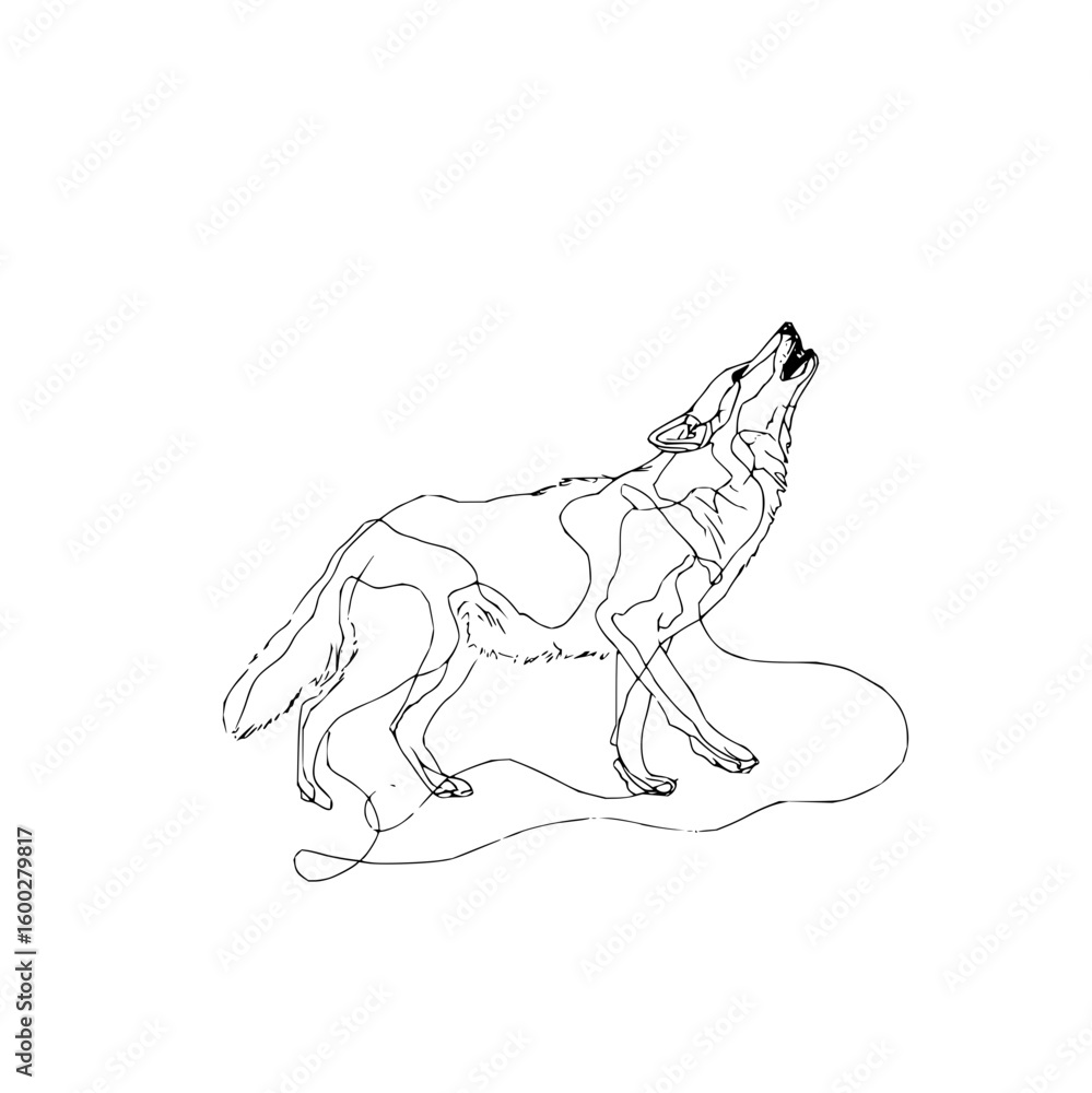 Obraz premium Continuous line drawing of a howling wolf with detailed fur and expressive open mouth on white background