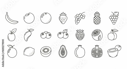 Fruits Line Icon Set – Vector Banana, Orange, Strawberry, Grapes, Pineapple, Mango, Kiwi, Coconut Symbols