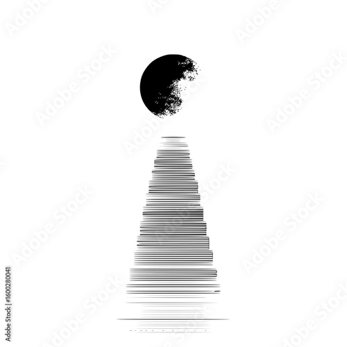 Abstract monochrome image featuring a textured circle above a striped conical shape on a white background