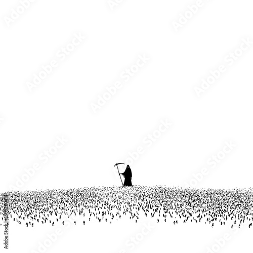Grim reaper silhouette standing in a crowd of people in black and white minimalist illustration