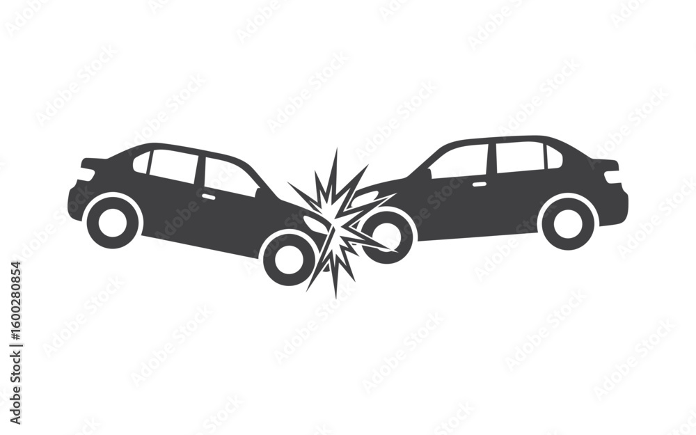 Fototapeta premium Car accident illustration for insurance, safety campaigns, and driver education programs shows the impact of a collision in a simple graphic