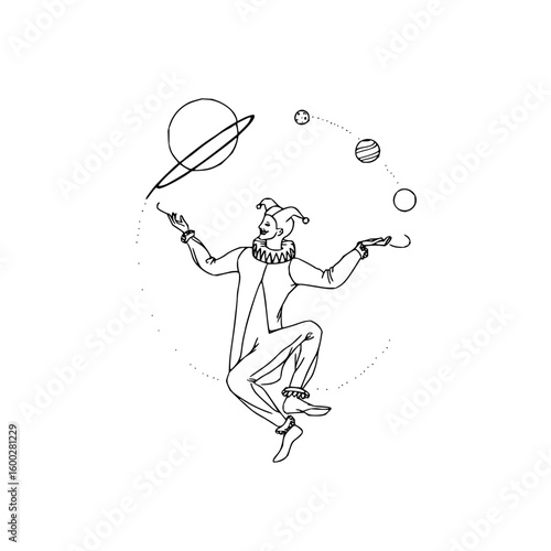 Jester juggling planets in a whimsical line art illustration with a dotted circular backdrop design