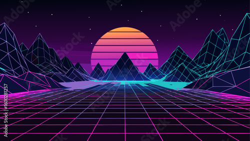 virtual reality landscape made of grid lines  glow