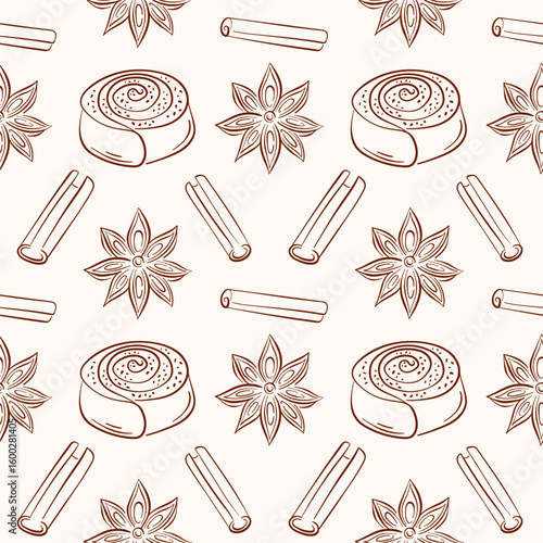 Cinnamon roll pastry with star anise and stick seamless pattern in line art style. Perfect for bakery wallpaper, delivery package, breakfast cafe and sweet pastry menu.
