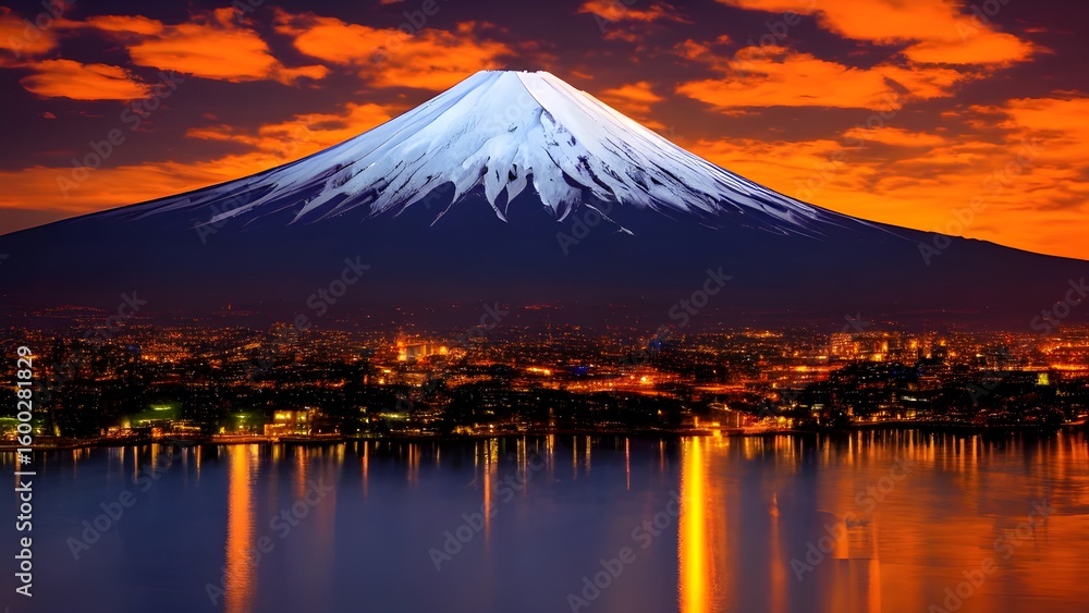 Fototapeta premium A serene Japanese landscape with the snow-capped peak of Mount Fuji at sunset, its reflection visible in a calm lake