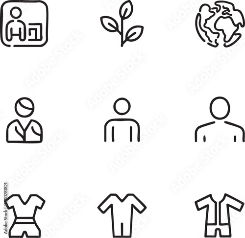 Diversity and nature vector icon set outline icons,minimalist design identity,plants,globe,mindfulness,people,uniform,garment,clothing,inclusion icon set