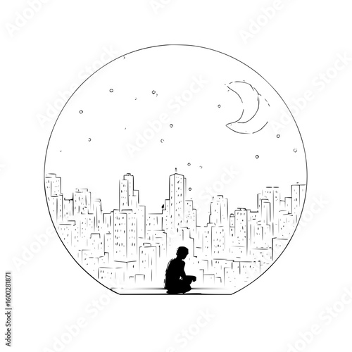 Silhouette of a person gazing at a city skyline under a crescent moon and starry night sky drawing