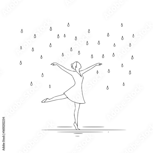 A ballerina dances en pointe in the rain with arms outstretched in a simple black and white line drawing