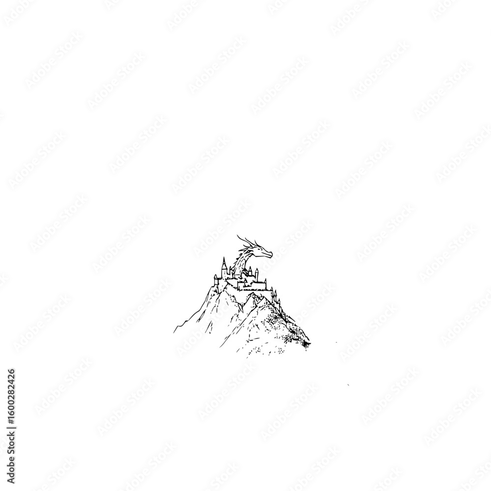 Naklejka premium A detailed sketch of a dragon perched atop a castle on a mountain with a white background behind it