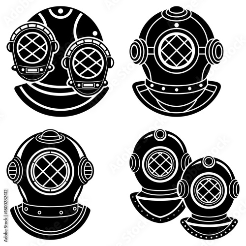 Four groupings of vintage diving helmets in black and white with circular window and rounded design 100