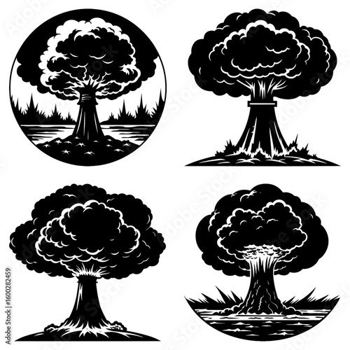 Four stylized mushroom cloud illustrations in black and white vector format depicting explosions and aftermath