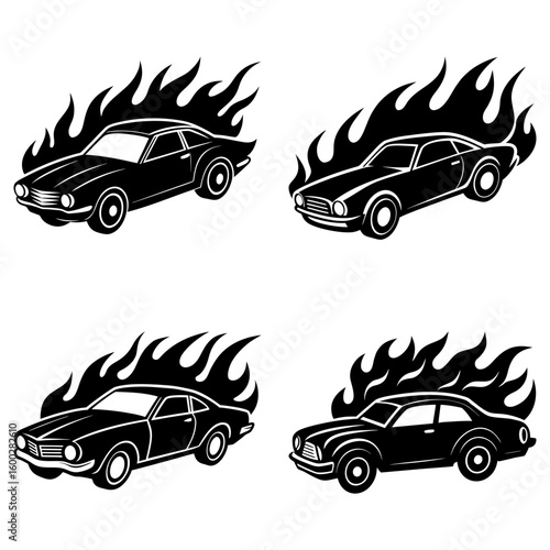 Four black classic cars engulfed in flames in a stylized monochrome vector illustration design
