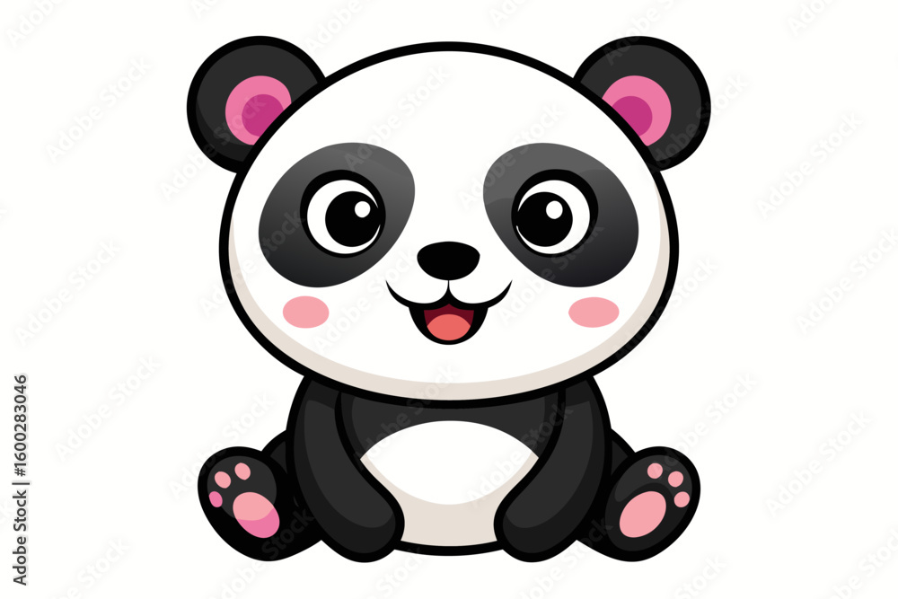 Fototapeta premium Adorable cartoon illustration of a standing panda with big round eyes, blushing cheeks, and a happy smile, set against a soft pastel background.