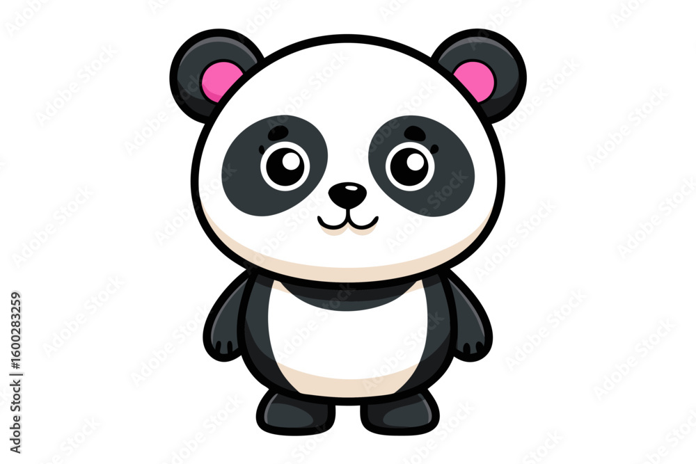 Naklejka premium Adorable cartoon illustration of a standing panda with big round eyes, blushing cheeks, and a happy smile, set against a soft pastel background.