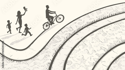 Silhouette of family with mother holding baby and child running with father on bicycle on path