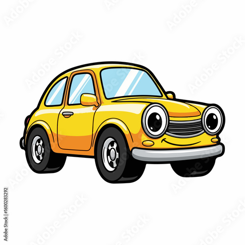 Cartoon car illustration of a yellow vehicle with happy smiling face ready for animation. Cartoon car on isolated white background shows cute automobile, compact car with vintage elements.