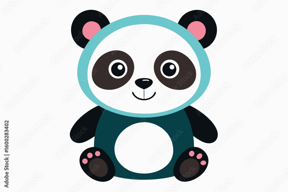 Naklejka premium Adorable cartoon illustration of a standing panda with big round eyes, blushing cheeks, and a happy smile, set against a soft pastel background.