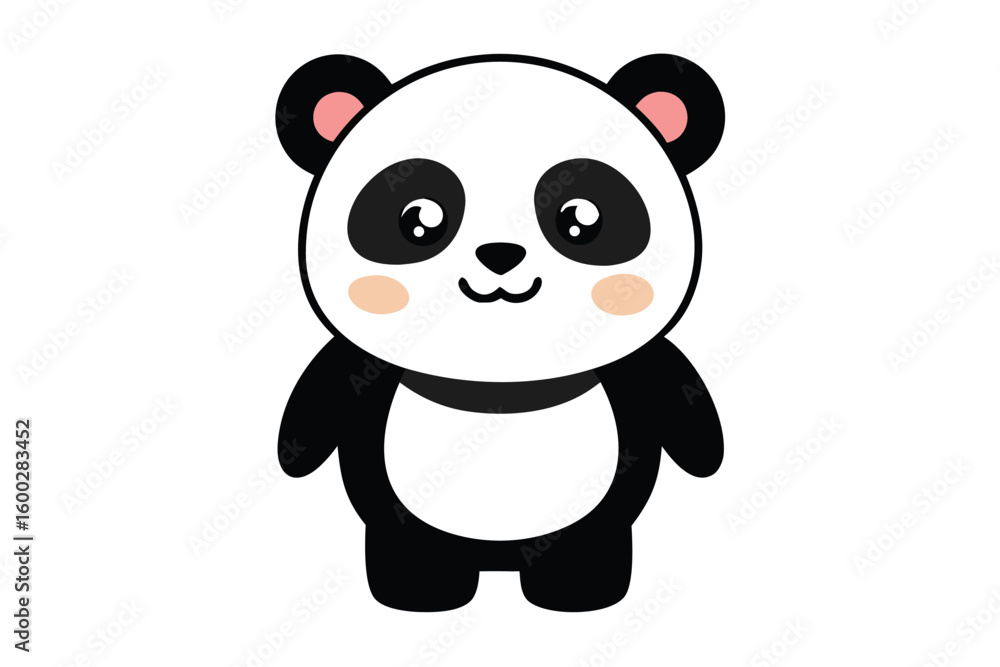 Naklejka premium Adorable cartoon illustration of a standing panda with big round eyes, blushing cheeks, and a happy smile, set against a soft pastel background.