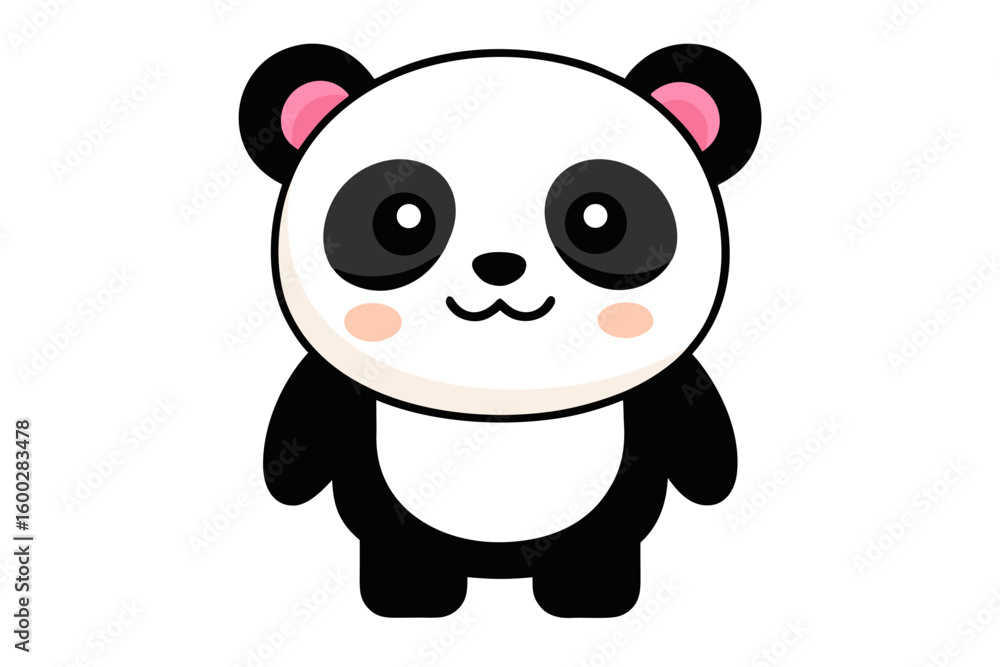 Naklejka premium Adorable cartoon illustration of a standing panda with big round eyes, blushing cheeks, and a happy smile, set against a soft pastel background.