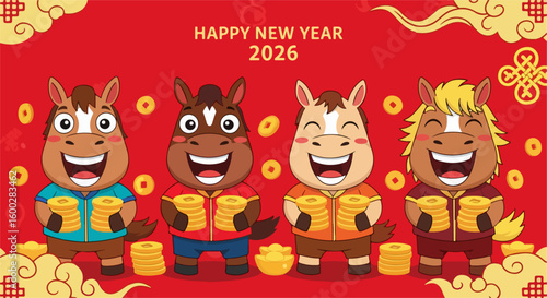 Cartoon year of the horse illustration for 2026 with cheerful horses and traditional good luck symbols on a red background. Celebrating year of the horse with traditional designs and lucky charms,