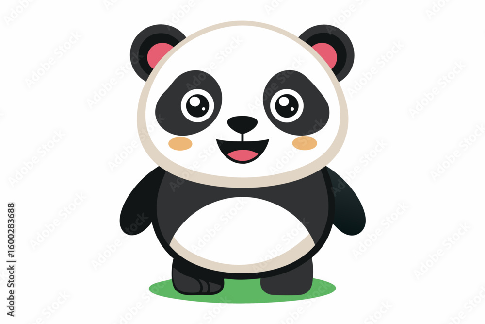 Naklejka premium Adorable cartoon illustration of a standing panda with big round eyes, blushing cheeks, and a happy smile, set against a soft pastel background.
