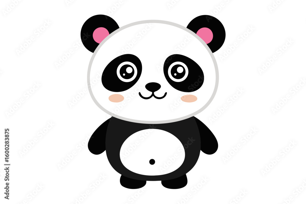 Naklejka premium Adorable cartoon illustration of a standing panda with big round eyes, blushing cheeks, and a happy smile, set against a soft pastel background.