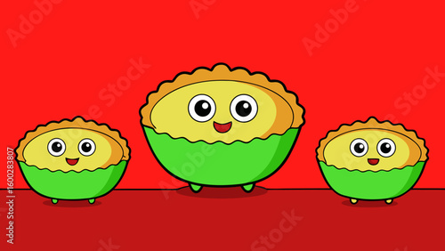 Little quiches cake, isolated, dessert, pastry, donut set against red Background vector illustration.
