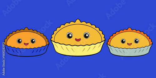 Little quiches cake, isolated, dessert, pastry, donut set against dark blue background vector illustration.
