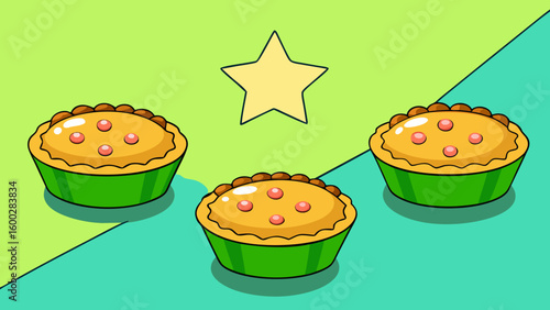 Little quiches cake, isolated, dessert, pastry, donut set against yellow Background vector illustration.
