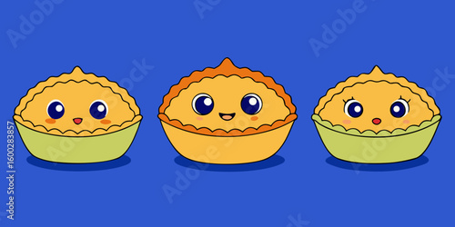 Little quiches cake, isolated, dessert, pastry, donut set against dark blue background vector illustration.
