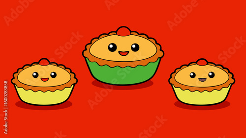 Little quiches cake, isolated, dessert, pastry, donut set against red Background vector illustration.
