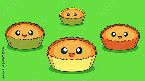 Little quiches cake, isolated, dessert, pastry, donut set against green background vector illustration.
