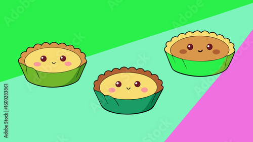 Little quiches cake, isolated, dessert, pastry, donut set against green pink Background vector illustration.
