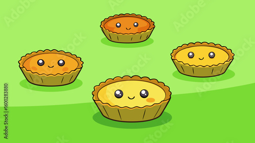 Little quiches cake, isolated, dessert, pastry, donut set against green background vector illustration.
