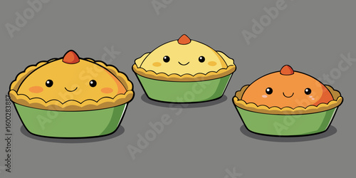 Little quiches cake, isolated, dessert, pastry, donut set against grey background vector illustration.
