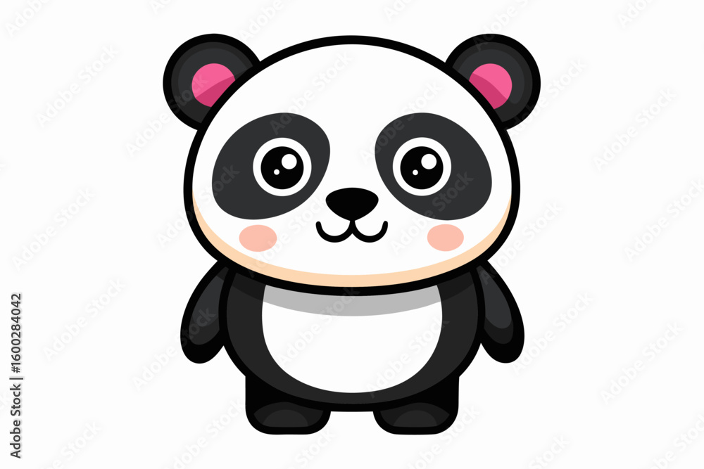 Naklejka premium Adorable cartoon illustration of a standing panda with big round eyes, blushing cheeks, and a happy smile, set against a soft pastel background.