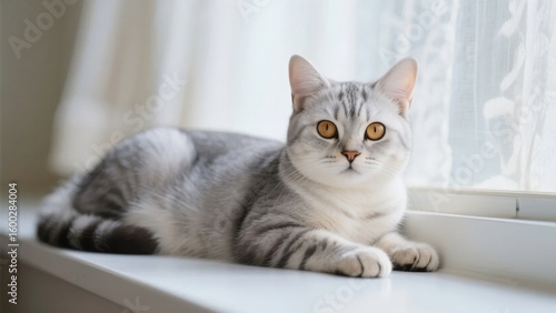 Wallpaper Mural A gray tabby cat with striking yellow eyes lounges comfortably on a windowsill, bathed in soft natural light. Torontodigital.ca