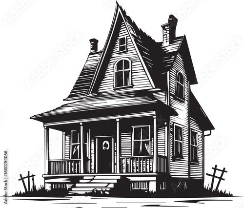 Spooky House Illustration: A detailed illustration of a classic haunted house, featuring gothic architecture, evoking a sense of mystery and foreboding. 