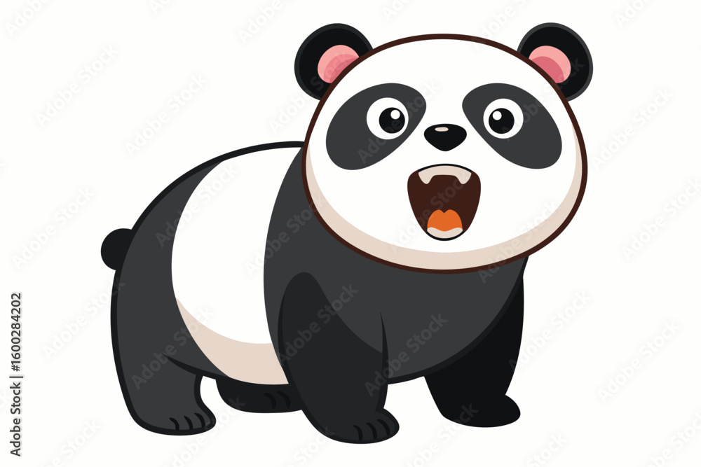 Naklejka premium Adorable cartoon illustration of a standing panda with big round eyes, blushing cheeks, and a happy smile, set against a soft pastel background.