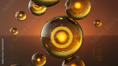 Golden spheres rotate and drift apart revealing internal structures