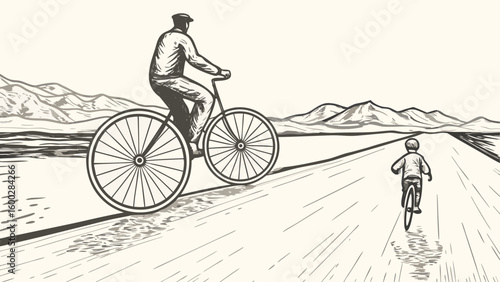 Man on a penny farthing and child on a bicycle on a road with mountains in the background drawing style silhouette
