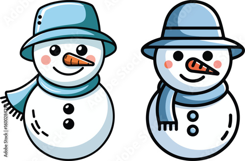 Two charming snowmen with blue hats and scarves, ready for winter fun.