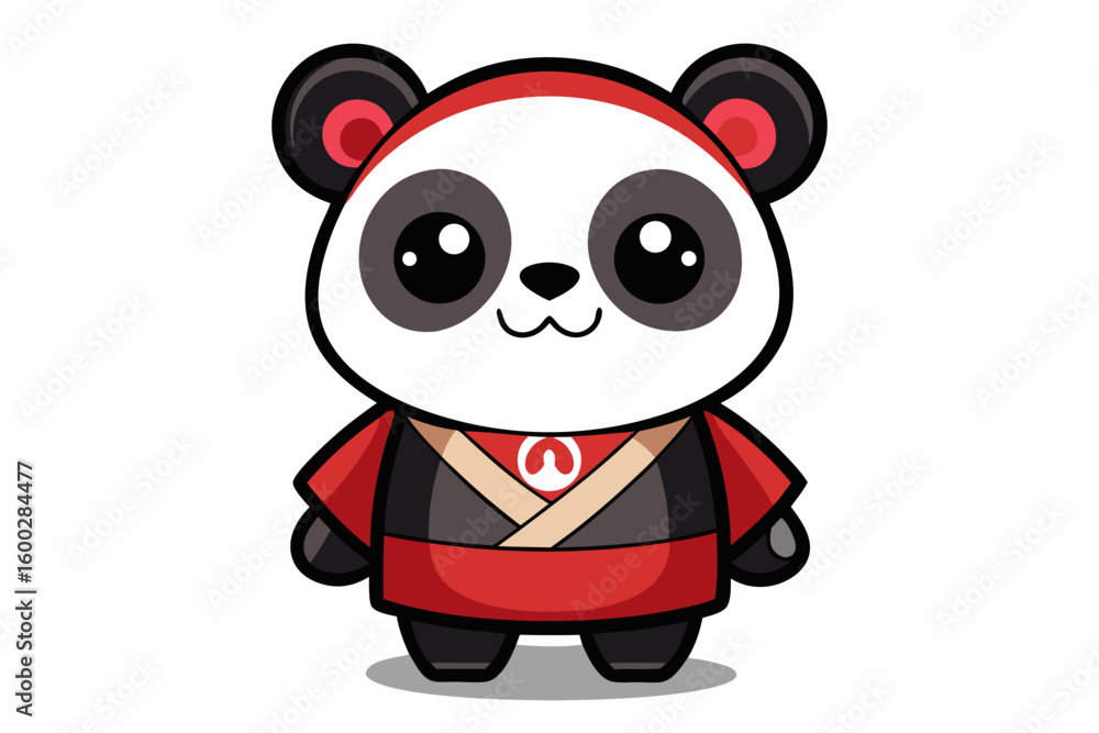 Fototapeta premium Adorable cartoon illustration of a standing panda with big round eyes, blushing cheeks, and a happy smile, set against a soft pastel background. 