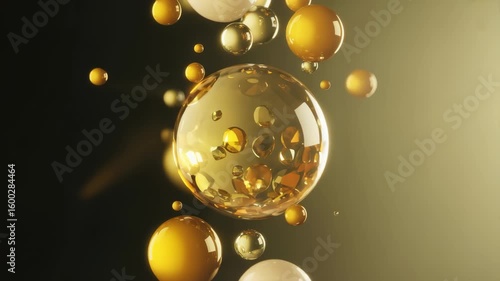 Golden spheres rise, fall, and rotate in shimmering light