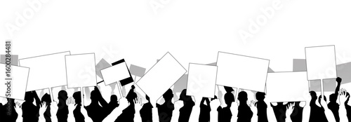 Silhouette crowd of demonstrators raising blank protest signs. Editable vector art for activism, revolution, or social movements themes.