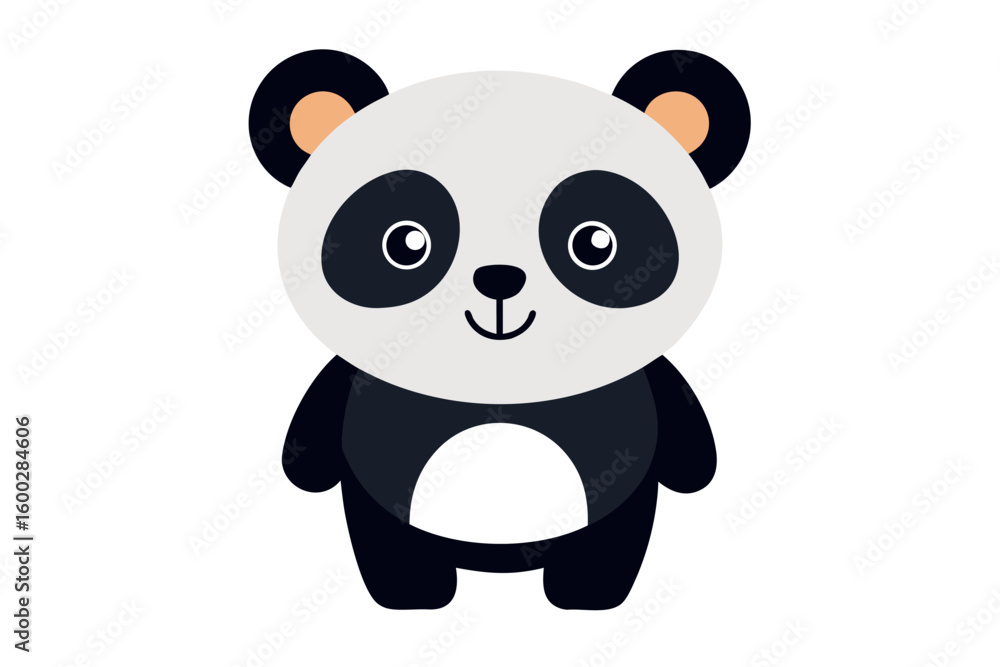 Obraz premium Adorable cartoon illustration of a standing panda with big round eyes, blushing cheeks, and a happy smile, set against a soft pastel background. 