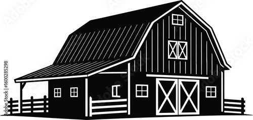 Black and White Barn Vector Illustration A classic farm building silhouette with a gambrel roof depicting rural architecture and agricultural heritage in a simple graphic